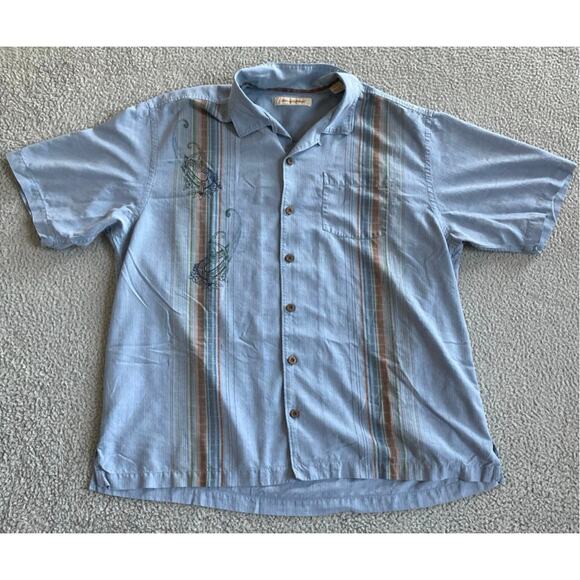 Tommy Bahama Camp Button Shirt XL 100% Silk Short Sleeve Striped Blue Beach Mens - Picture 1 of 16